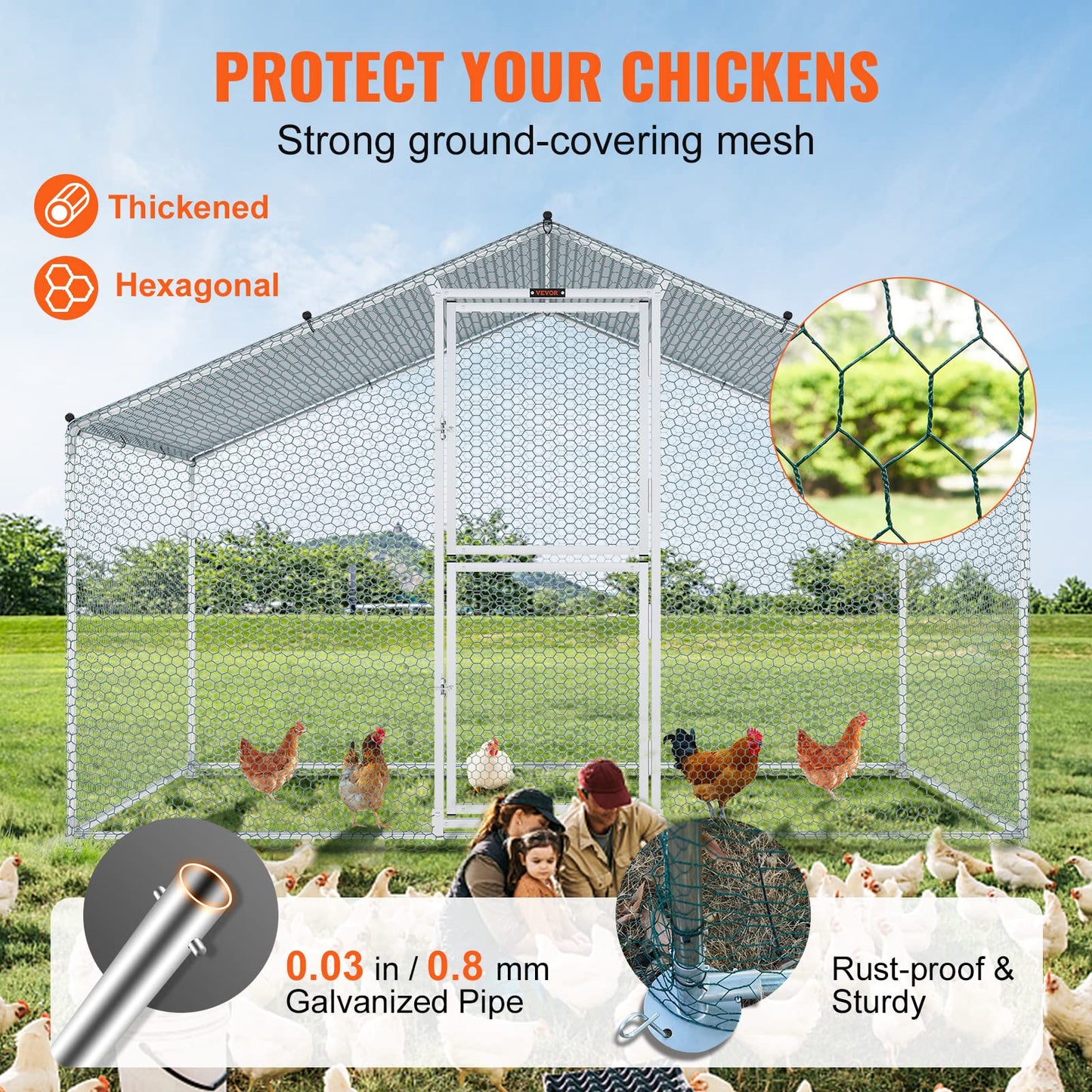 VEVOR Large Metal Chicken Coop with Run, Walkin Poultry Cage for Yard with Waterproof Cover, 6.6 x 9.8 x 6.6 ft Peaked Roof for Hen House, Duck and