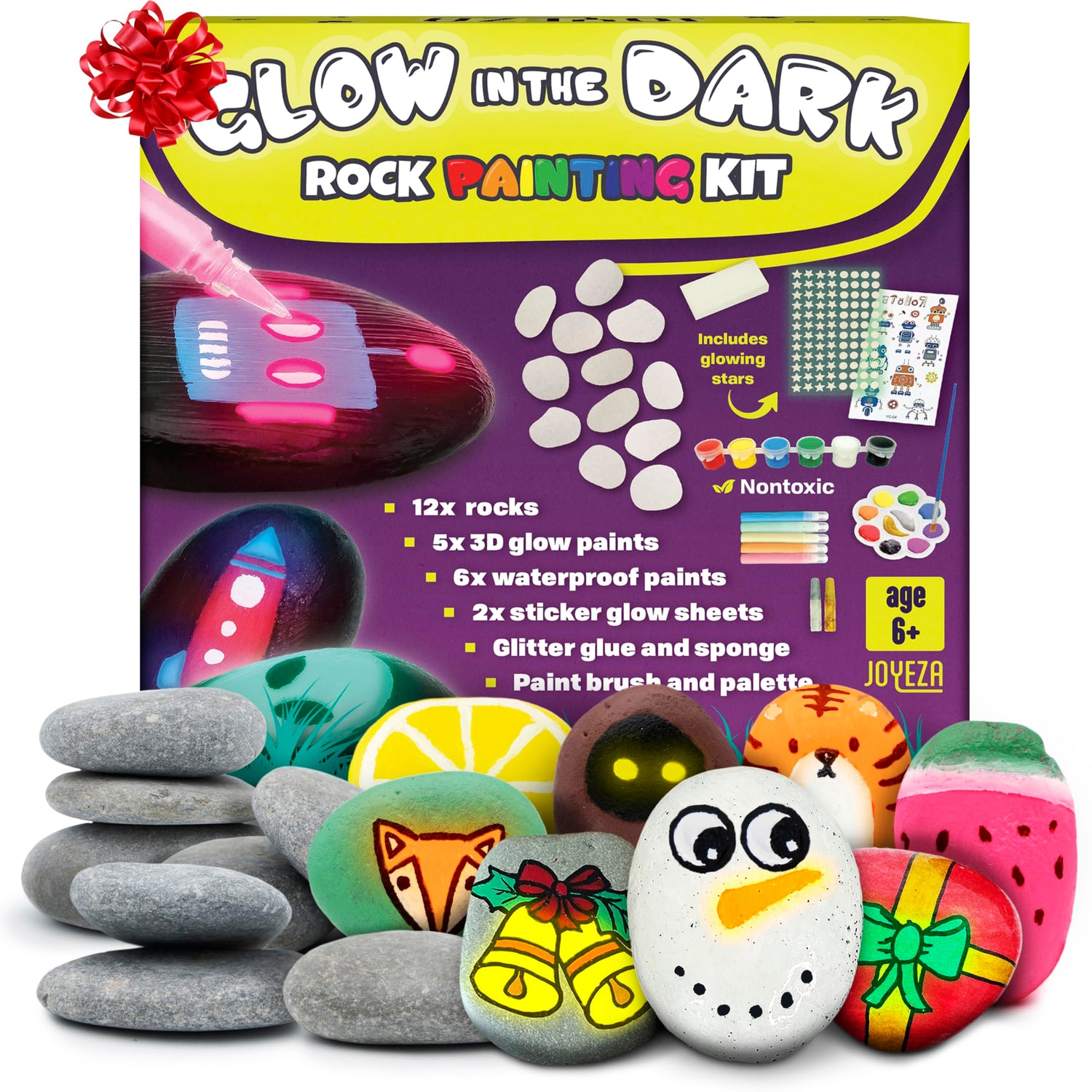 JOYEZA Rock Painting Kit Glow in The Dark, Arts and Crafts for Girls and Boys Age 6+, 12 Painting Rocks for Kids, Waterproof Paints, Kids Activities JOYEZA