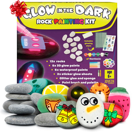 JOYEZA Rock Painting Kit Glow in The Dark, Arts and Crafts for Girls and Boys Age 6+, 12 Painting Rocks for Kids, Waterproof Paints, Kids Activities JOYEZA