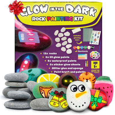JOYEZA Rock Painting Kit Glow in The Dark, Arts and Crafts for Girls and Boys Age 6+, 12 Painting Rocks for Kids, Waterproof Paints, Kids Activities