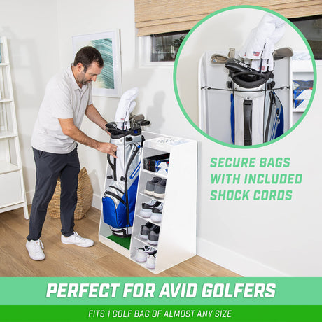 GoSports Premium Wooden Golf Bag Organizer and Storage Rack – Black, Brown, and White GoSports