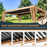 HAPPATIO Louvered Pergola 10x13 Outdoor Pergola, Woodgrain-Look Metal Pergola with Adjustable Rainproof Roof, Patio Pergola with Curtains and HAPPATIO