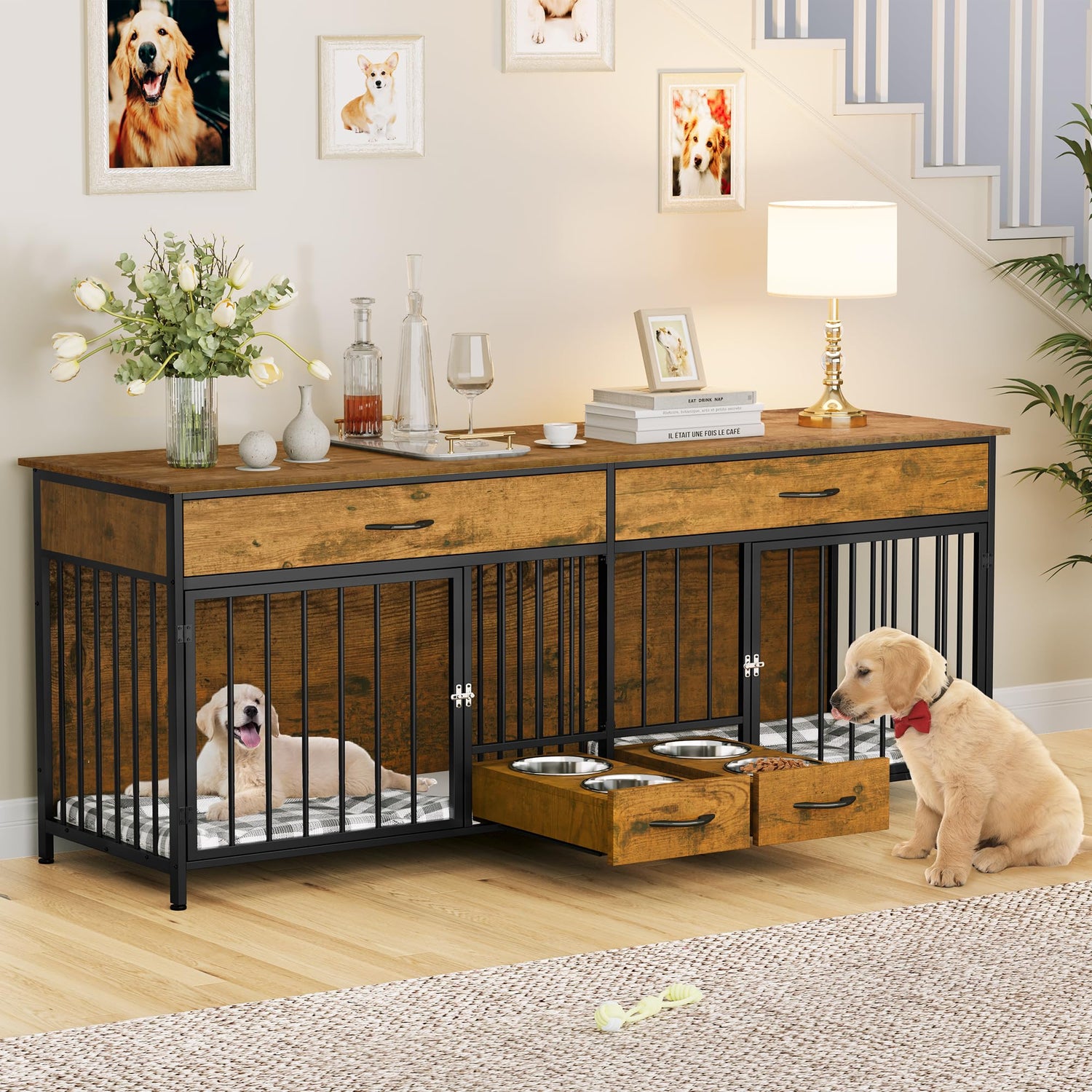 YITAHOME Dog Crate Furniture TV Stand Large Breed with Dog Feeder, 74.8" Inch Wooden Decorative Dog Kennel Furniture Indoor Heavy Duty Dog Crate with YITAHOME