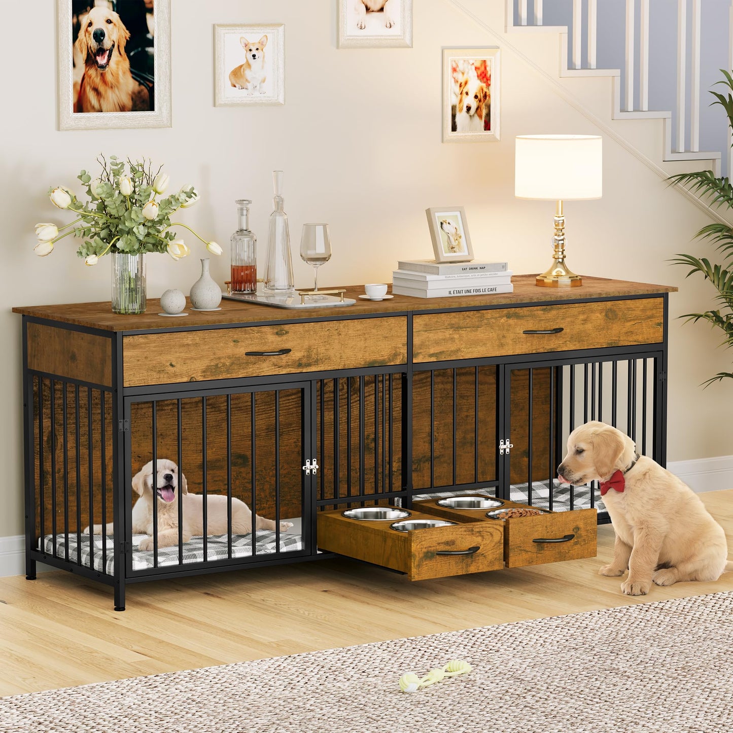 YITAHOME Dog Crate Furniture TV Stand Large Breed with Dog Feeder, 74.8" Inch Wooden Decorative Dog Kennel Furniture Indoor Heavy Duty Dog Crate with - WoodArtSupply