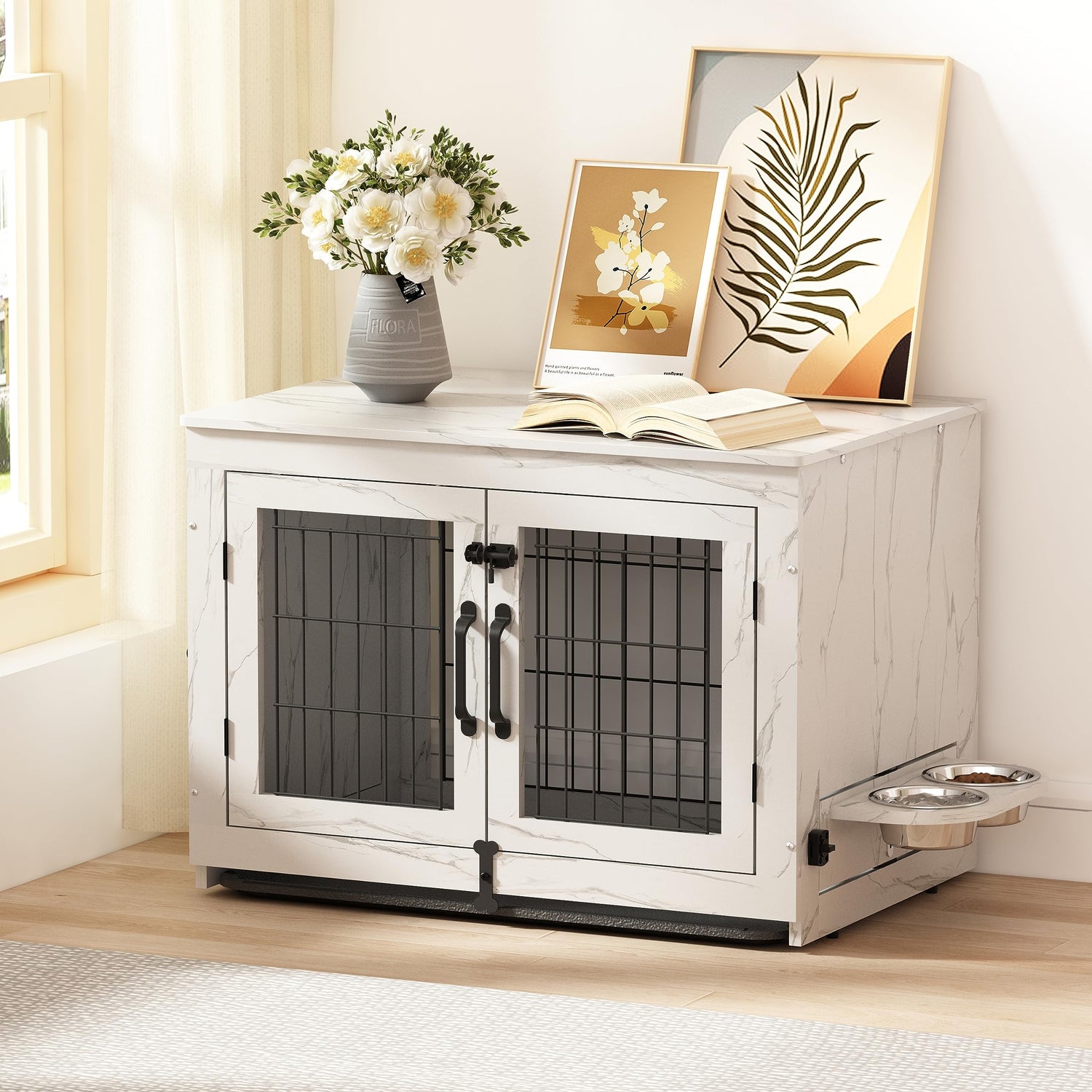 Piskyet Wooden Dog Crate Furniture with 360°Rotatable Removable Dog Bowls, Dog Crate End Table with Tray, Double Doors Dog Kennels for Medium Dogs Piskyet