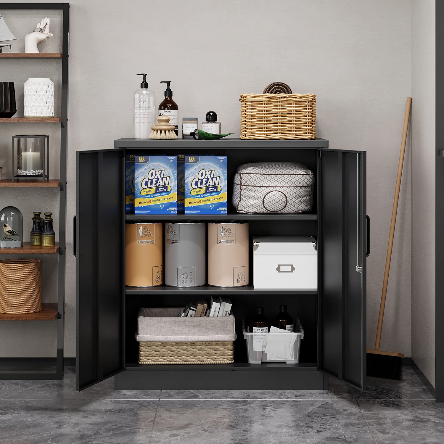 MIIIKO Metal Storage Cabinet with Locking Doors, 2-Door Metal Locker with 2 Shelves, Black Metal Cabinet with Lock for Home Office, Garage, Utility MIIIKO