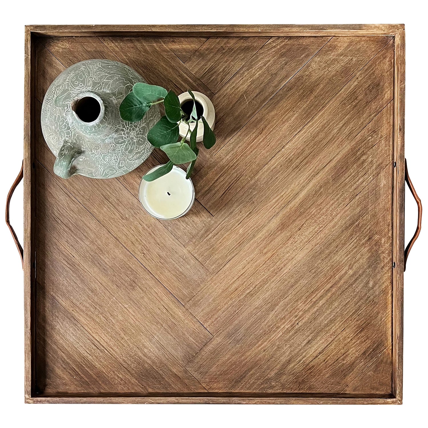 LUIYO Large Ottoman Wood Tray- with Leather Handle Decorative Wooden 24 x 24 x1.5 Inches Square Serving Tray Best for Coffee Table, Living Room and LUIYO