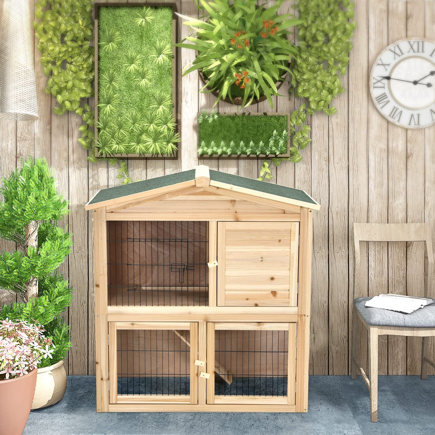 Tangkula Wood Chicken Coop and Rabbit Hutch, Indoor Outdoor Bunny Hutch with Ramp & Run, Hen Guinea Pig Cage with Waterproof Roof Ventilation Door, Tangkula