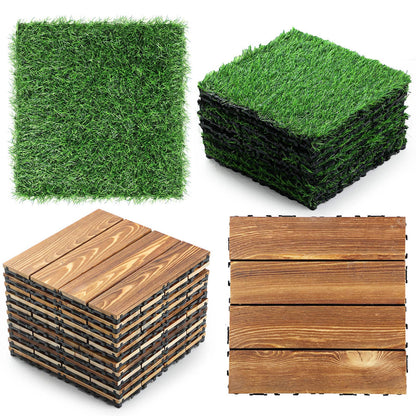 24 Pcs Hardwood Interlocking Patio Deck Tile and Artificial Grass Tile Waterproof Wood Flooring Tile Interlocking Turf Tile Outdoor Self Draining