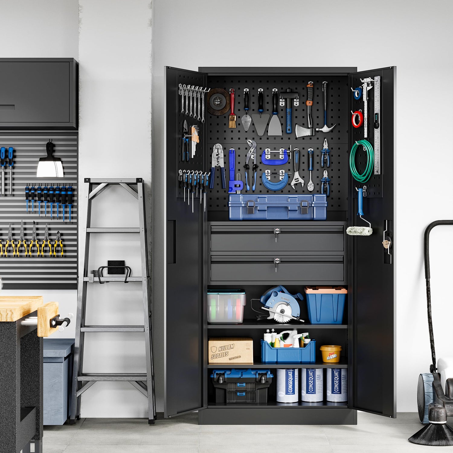 Yizosh Metal Garage Storage Cabinet with Locking Doors and Drawers, Heavy Duty Steel Tool Cabinet with Pegboard, 71" - Lockable Cabinets for Garage, Yizosh