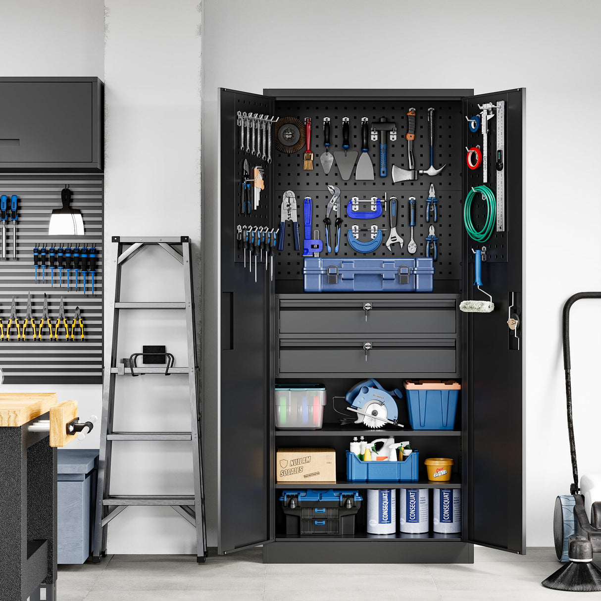 Yizosh Metal Garage Storage Cabinet with Locking Doors and Drawers, Heavy Duty Steel Tool Cabinet with Pegboard, 71" - Lockable Cabinets for Garage, Yizosh