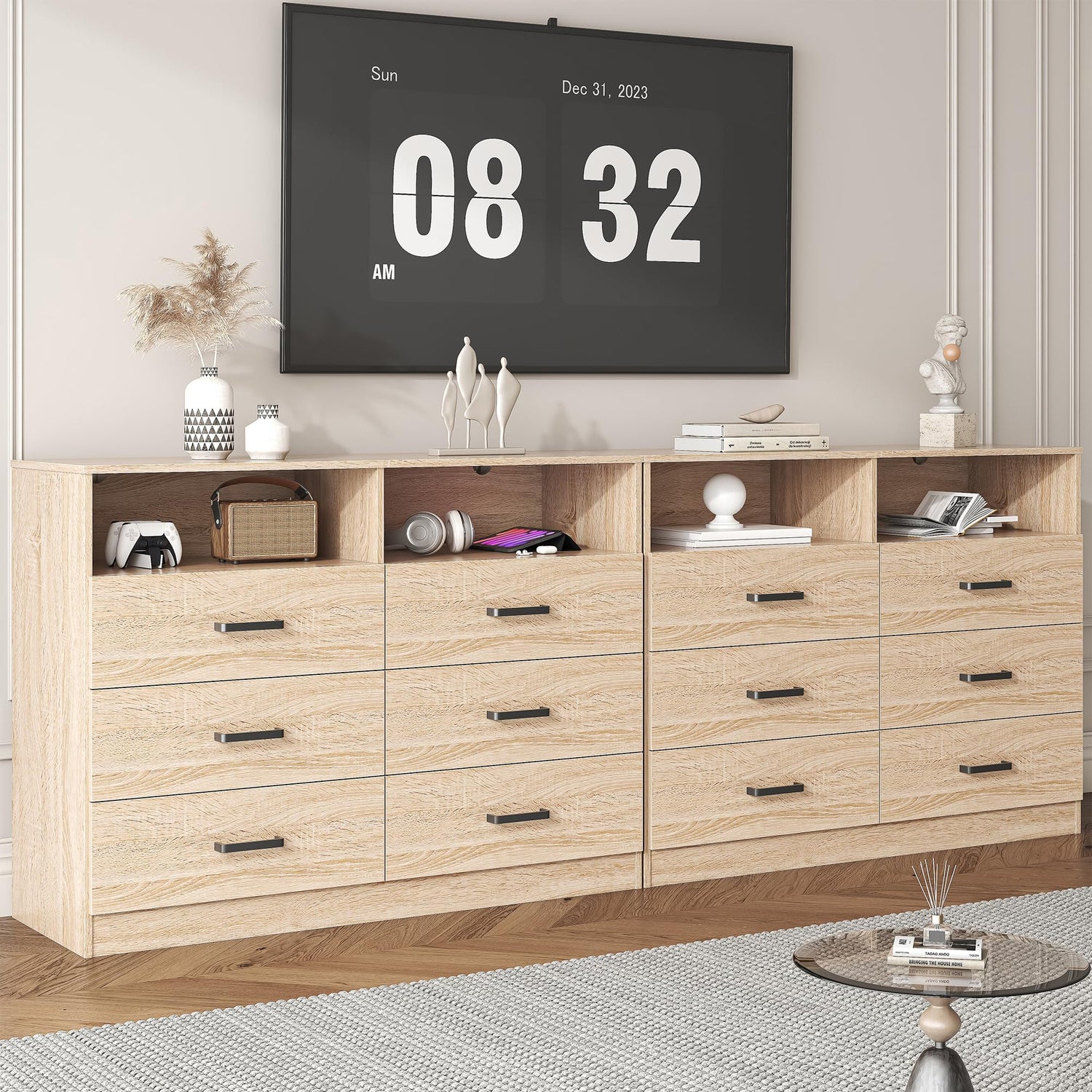 Bigbiglife 6 Drawer Dresser with Open Storage, Natural Wood Dresser, Modern Double Dresser for Bedroom, Living Room, Entryway, Light Oak Bigbiglife