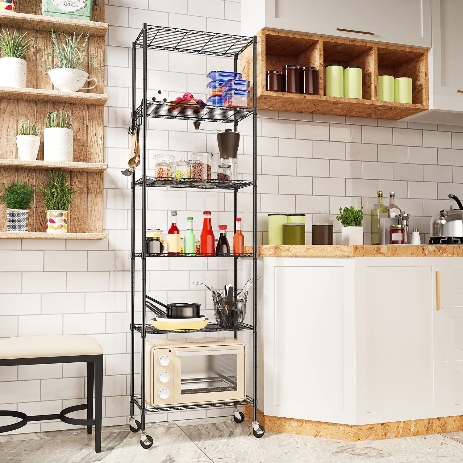 Homdox 6-Tier Storage Shelf Wire Shelving Unit Free Standing Rack Organization with Caster Wheels, Stainless Side Hooks, Black Homdox