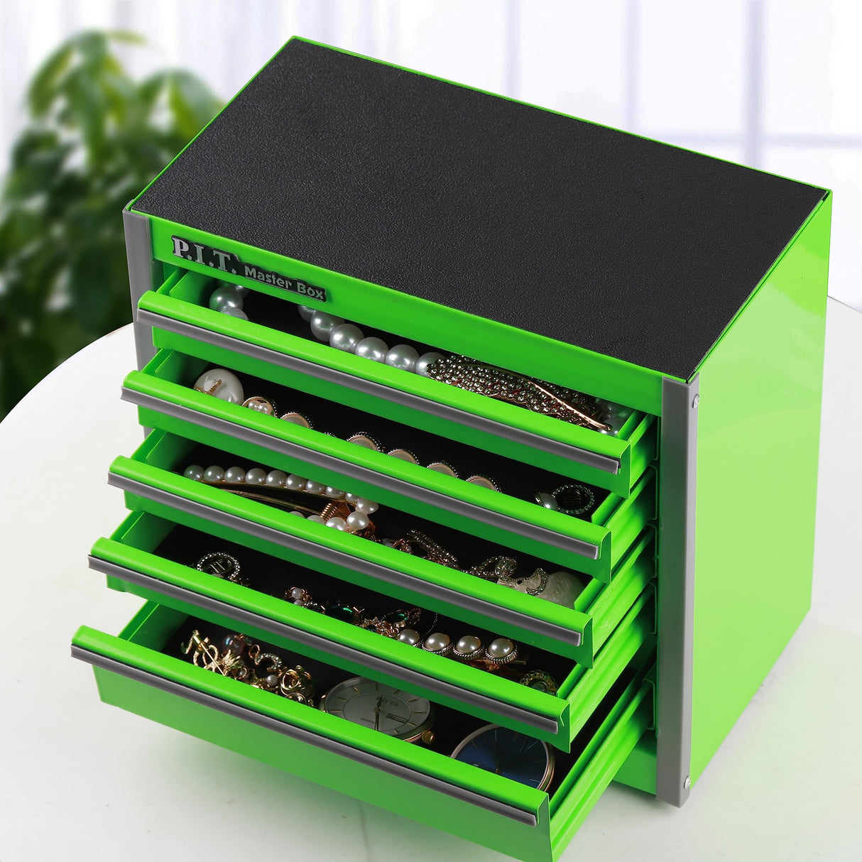 P.I.T. Portable Five-Drawer Steel Tool Box, Green Hand Carry Tool Cases for Tools Storage P.I.T.