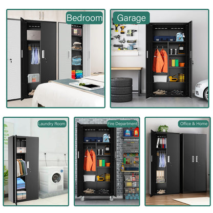Metal Storage Cabinets Locker for Home Office, 71" Garage Storage Cabinet with Lockable Door,Adjustable Shelves and Hanging Rod, Steel Wardrobe