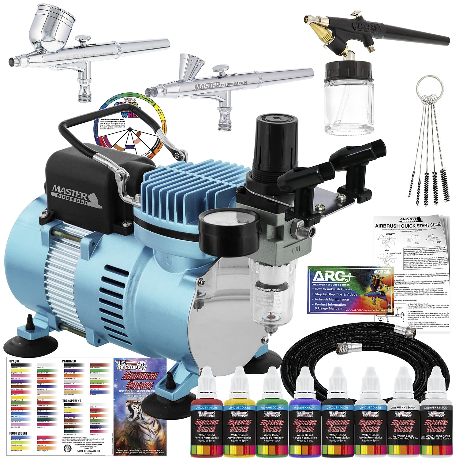 Master Airbrush Cool Runner II Dual Fan Air Compressor Professional Airbrushing System Kit with 3 Airbrushes, Gravity and Siphon Feed - 6 Primary Master Airbrush