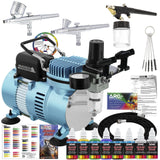 Master Airbrush Cool Runner II Dual Fan Air Compressor Professional Airbrushing System Kit with 3 Airbrushes, Gravity and Siphon Feed - 6 Primary Master Airbrush