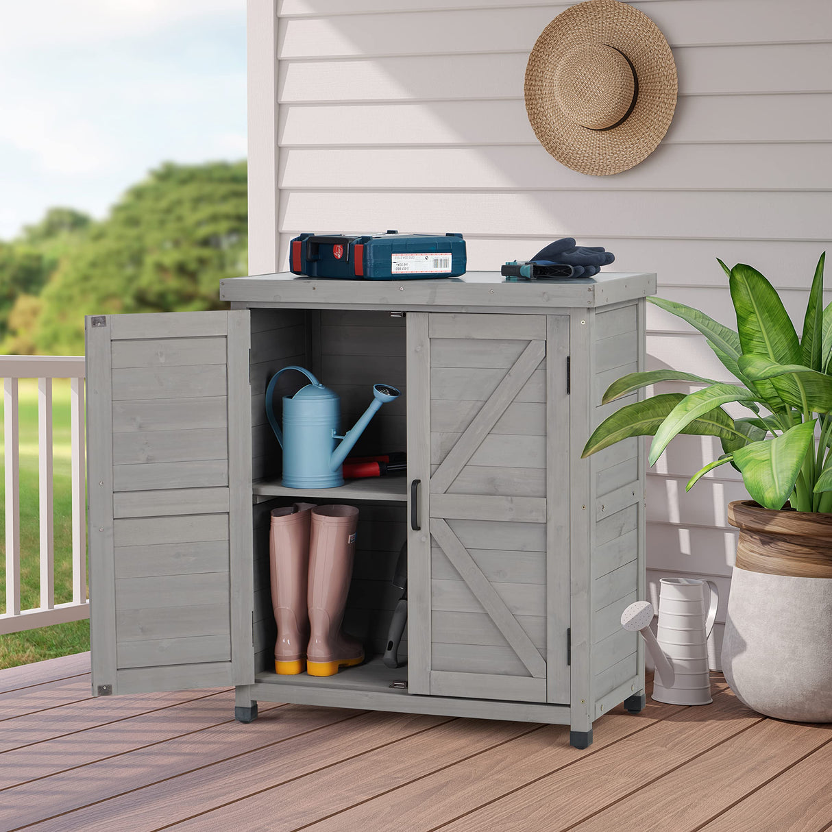 Outdoor Storage Cabinet & Potting Bench Table with Metal Top, Wooden Patio Furniture, Garden Workstation SoliWood
