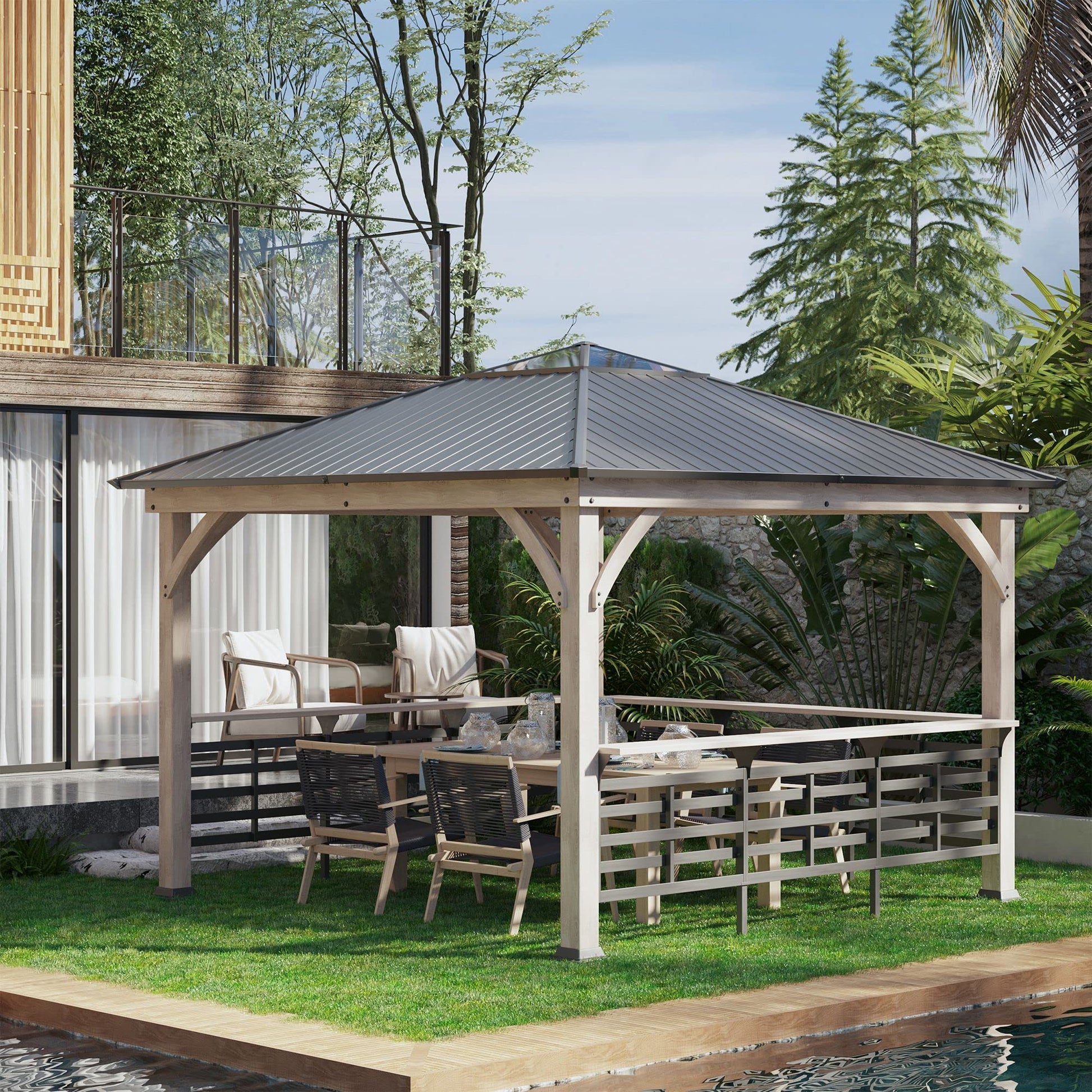 Outsunny 11' x 11' Hardtop Gazebo with Metal & Acrylic Combined Roof, Wood Frame, Permanent Pavilion Grill Gazebo with Bar Counters, Ceiling Hook, - WoodArtSupply