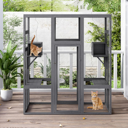 COZIWOW Outdoor Cat House Wooden Catio Enclosure - Large Cat Cage with Platforms and Condos, Weatherproof Roof, Grey, 62.5(L)*32.4(W)*70(H)
