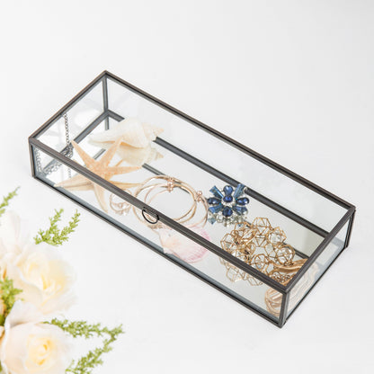 MyGift Glass Jewelry Box, Vintage Style Black Metal & Clear Glass Mirrored Shadow Box Jewelry Display Case with Hinged Top Lid