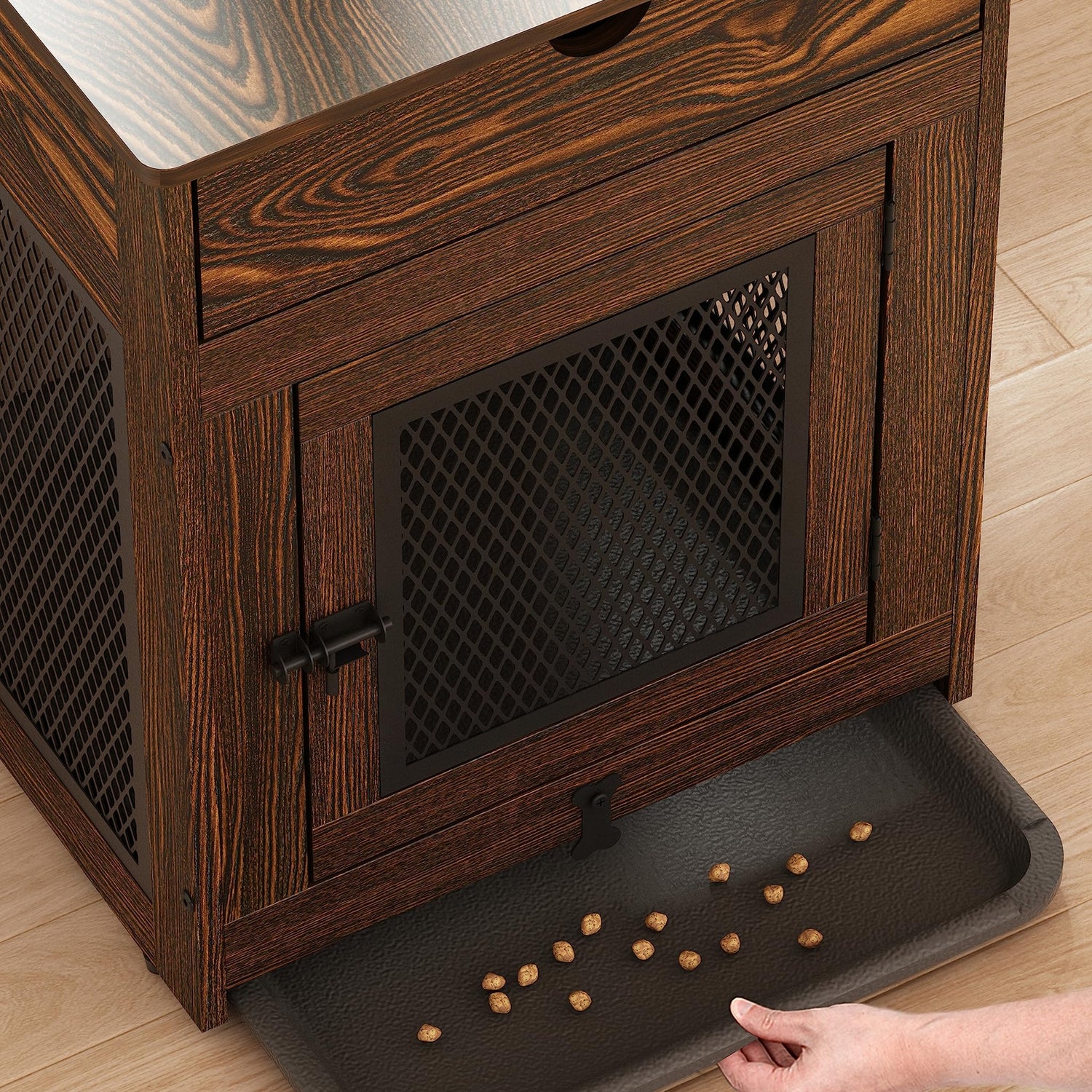 Piskyet Dog Crate Furniture,Wooden Dog Crate End Table with Storage Drawer&Cushion&Tray, QC3.0 Wireless Fast Charging&Dual USB, Dog Crate Indoor Piskyet