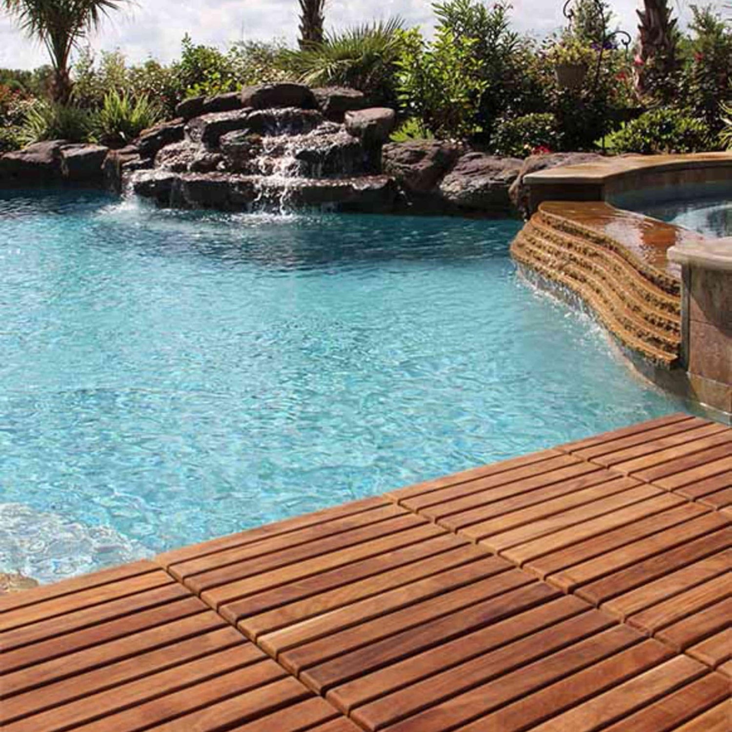 Bare Decor EZ-Floor Interlocking Flooring Tiles in Solid Teak Wood Oiled Finish (Set of 10), Long 9 Slat Bare Decor