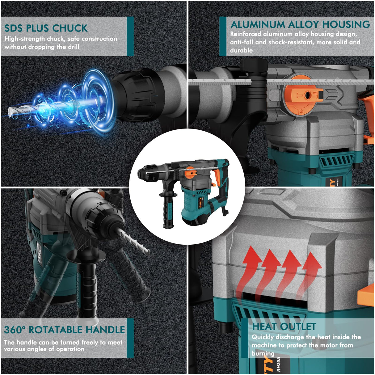 Glority 13 Amp Rotary Hammer Drill with Safety Clutch, Variable Speed, 5 Bits, Chisels GLORITY