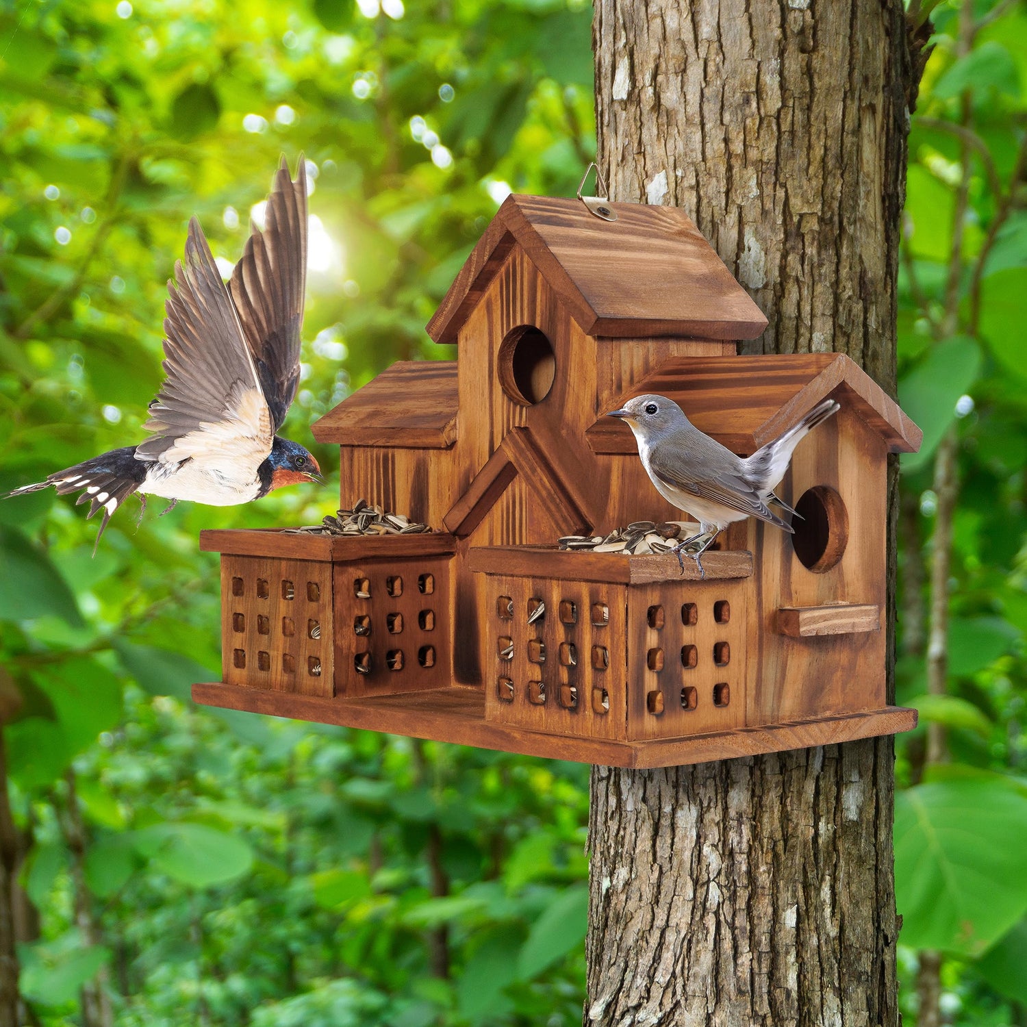 MIXUMON Bird Houses for Outside with Bird Feeder, Outdoor 3 Hole Bird House Room for 3 Bird Families Bluebird Finch Cardinals Hanging Birdhouse for MIXUMON