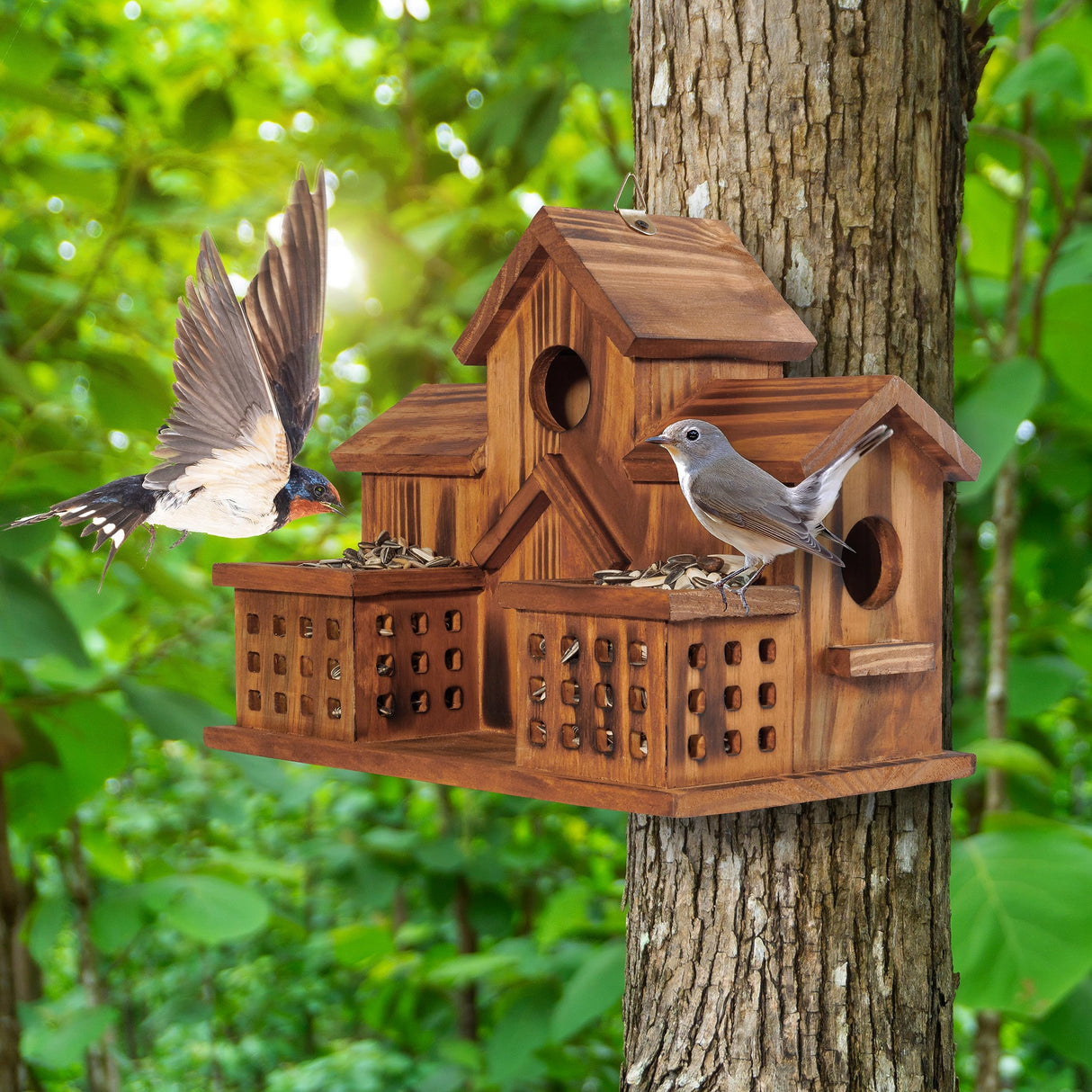 MIXUMON Bird Houses for Outside with Bird Feeder, Outdoor 3 Hole Bird House Room for 3 Bird Families Bluebird Finch Cardinals Hanging Birdhouse for MIXUMON