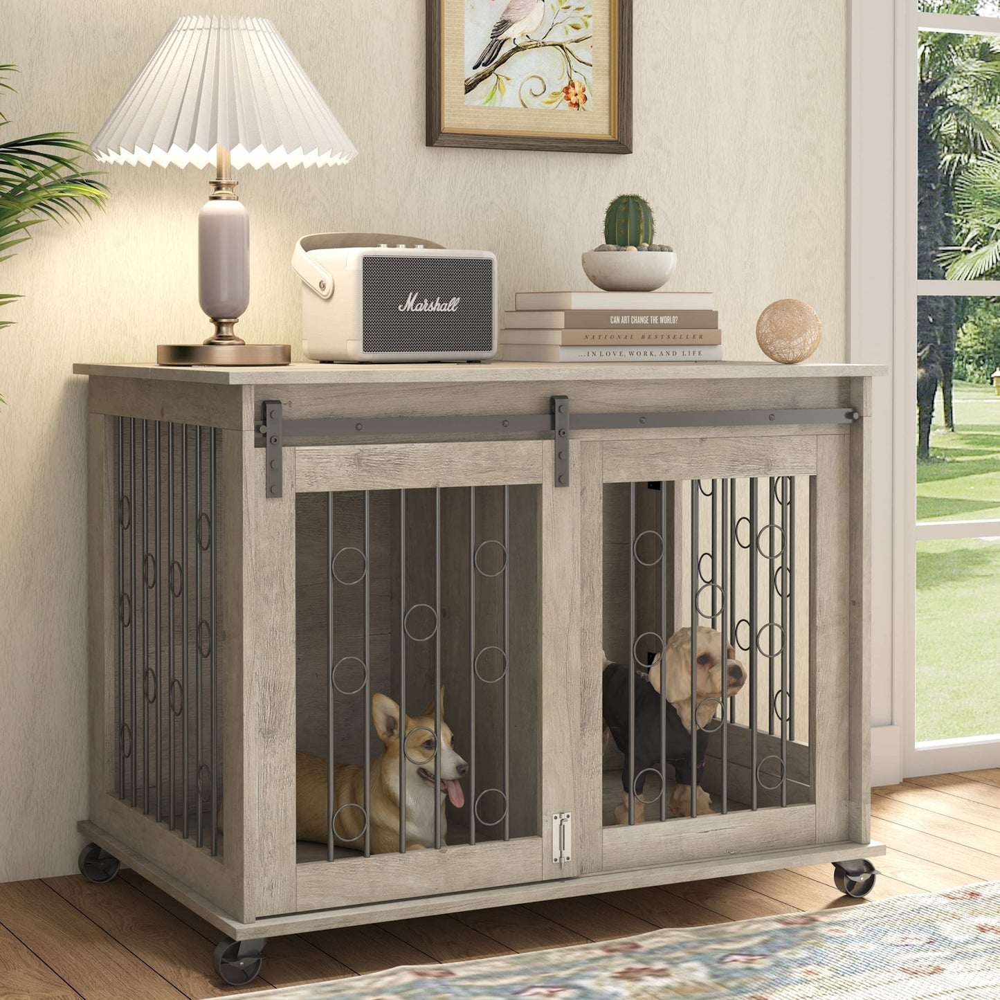 Rophefx Dog Crate Furniture with Divider for 2 Puppies, Dog Kennel Indoor with Sliding Door, Puppy Dog Cage with Flip-up Top and Wheels, Indoor - WoodArtSupply