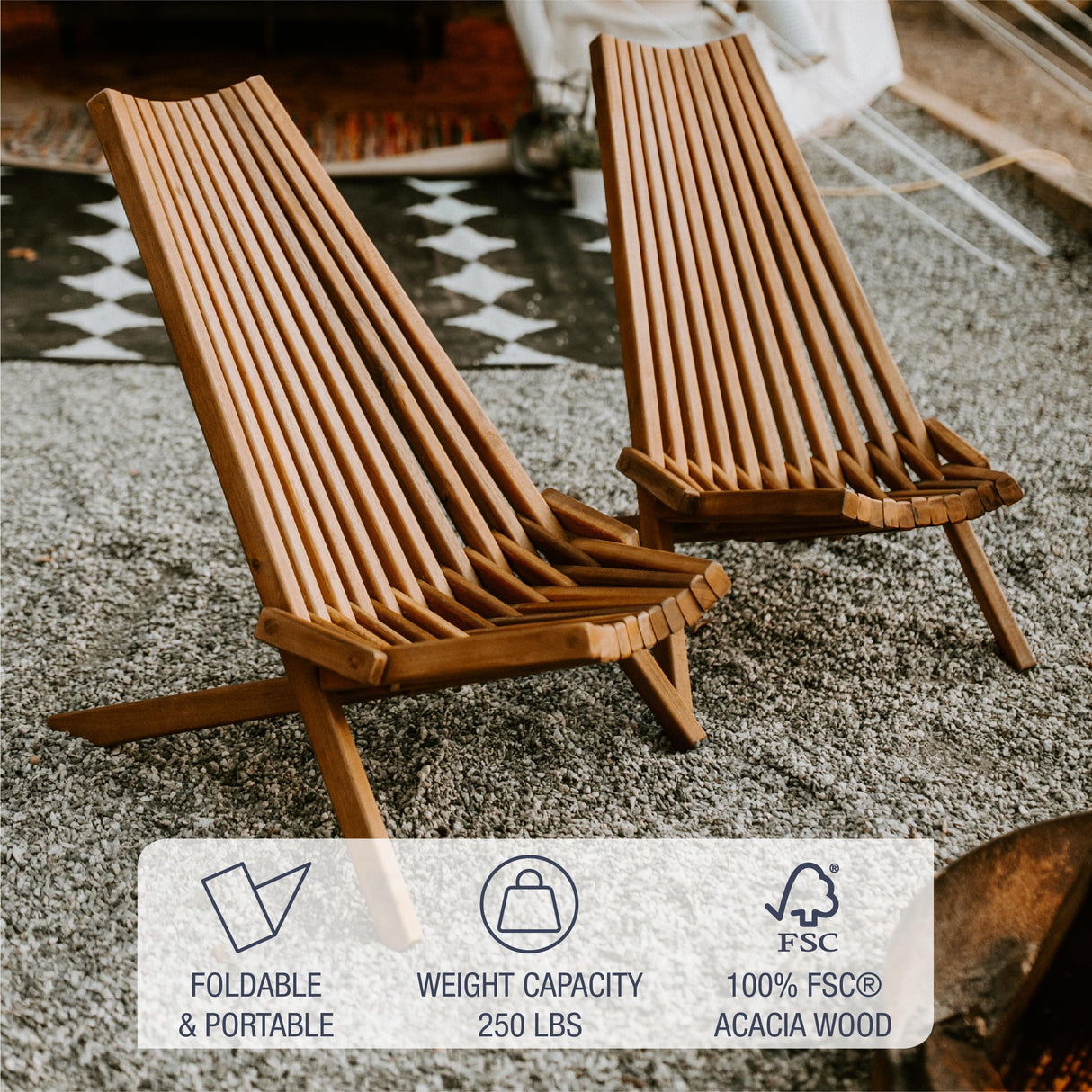 CleverMade Tamarack Folding Wooden Outdoor Chair -Stylish Low Profile Acacia Wood Lounge Chair for the Patio, Porch, Lawn, Garden or Home Furniture - CleverMade