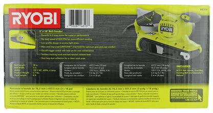 Ryobi BE319 6 Amp Portable 320 Feet / Minute Corded Belt Sander (3” x 18”) w/ Onboard Removable Dust Bag (Medium Grit Sanding Belt Included) - WoodArtSupply