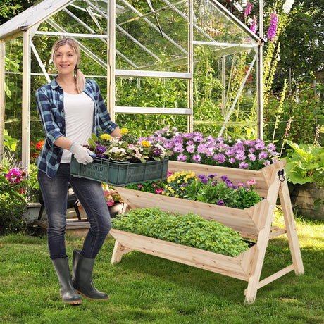 S AFSTAR 3-Tier Vertical Garden Bed, Wooden Elevated Planter Bed with Legs, Storage Shelf, 2 Hooks, Raised Bed Kit for Flower Vegetable Herb, Outdoor S AFSTAR