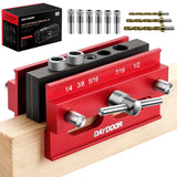 DAYDOOR Self Centering Doweling Jig, Adjustable Width Dowel Jig for Straight Holes, Biscuit Joiner Set with 6 Bushings and 3 Drill Bits(Red) DAYDOOR