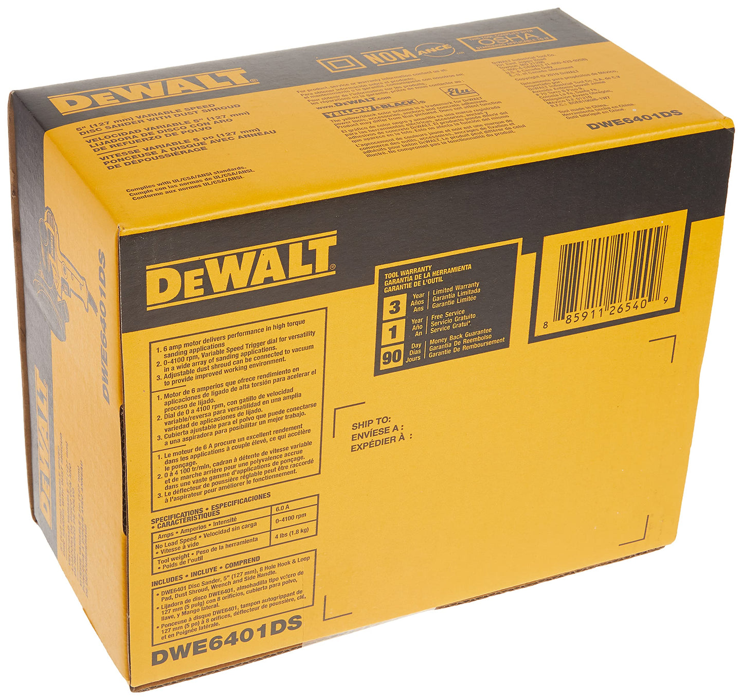 DEWALT Rotary Sander, Variable Speed, Dust Shroud, 5-Inch (DWE6401DS), Yellow - WoodArtSupply