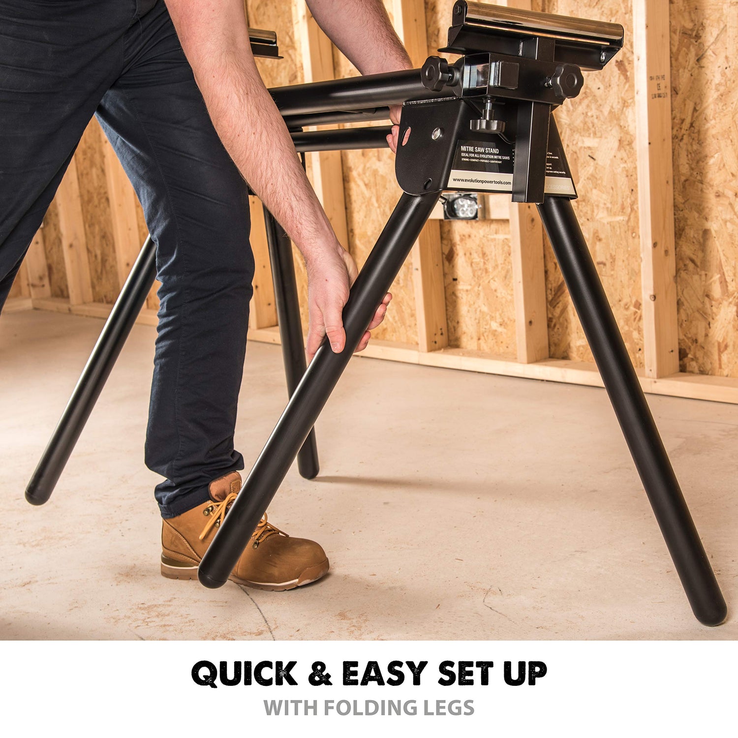 Evolution Power Tools EVOMS1 Miter Saw Stand Compact & Folding, Universal Fits Most Brands, Quick Release Mounting Brackets, Rollers, End Stops for Evolution