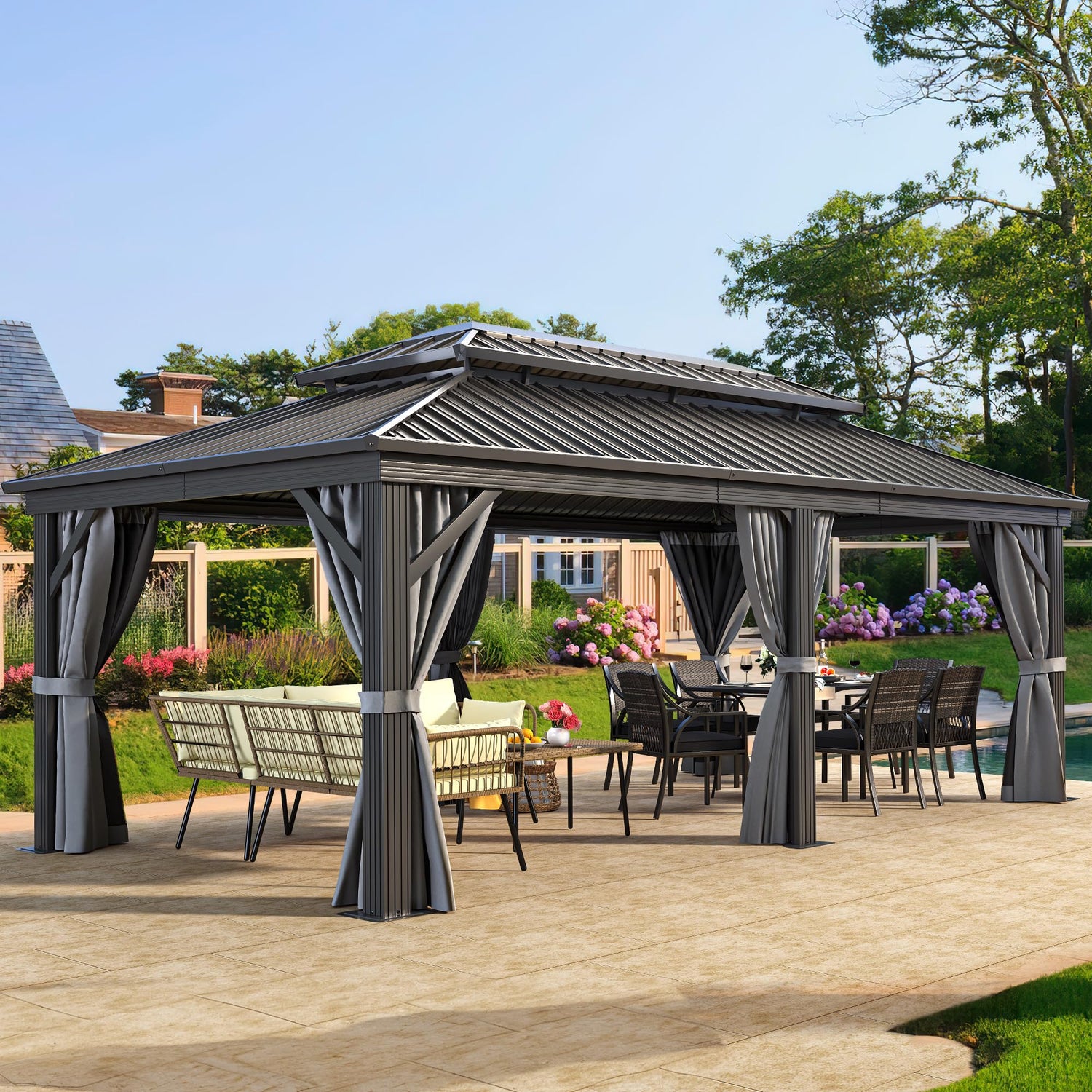 YITAHOME 12x20ft Hardtop Gazebo with Nettings and Curtains, Heavy Duty Double Roof Galvanized Steel Outdoor Combined of Vertical Stripes Roof for YITAHOME