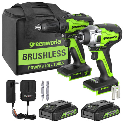 Greenworks 24V Brushless Drill / Impact Driver Combo Kit, (2) 1.5Ah USB (Power Bank) Batteries and Charger Included LED Light, 2pcs Driving Bits with - WoodArtSupply