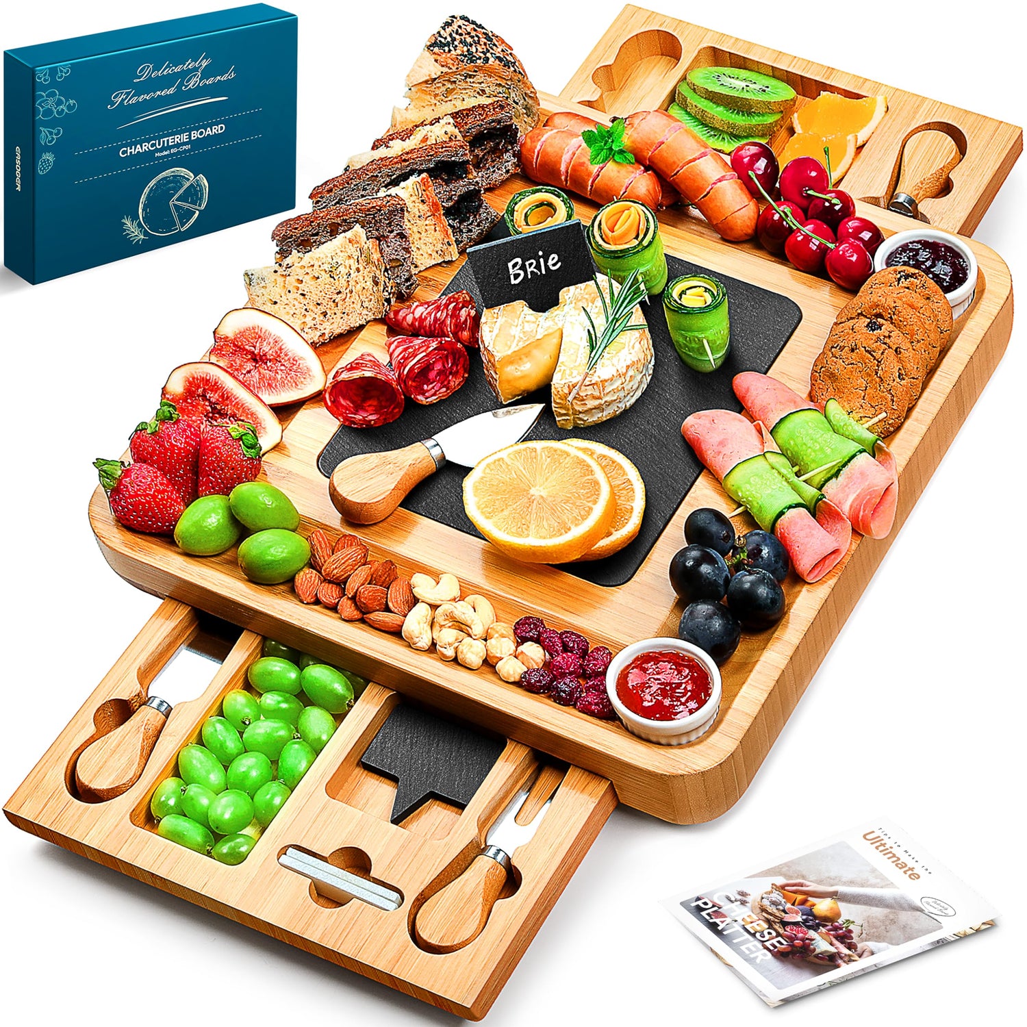 Easoger Large Bamboo Charcuterie Board with 2 Drawers, Knife and Bowls - Unique Housewarming, Wedding and Bridal Gift Easoger