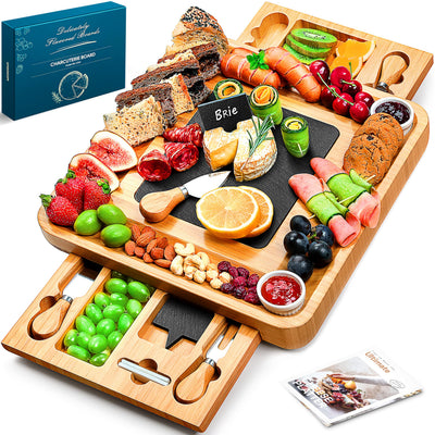 Easoger Large Bamboo Charcuterie Board with 2 Drawers, Knife and Bowls - Unique Housewarming, Wedding and Bridal Gift