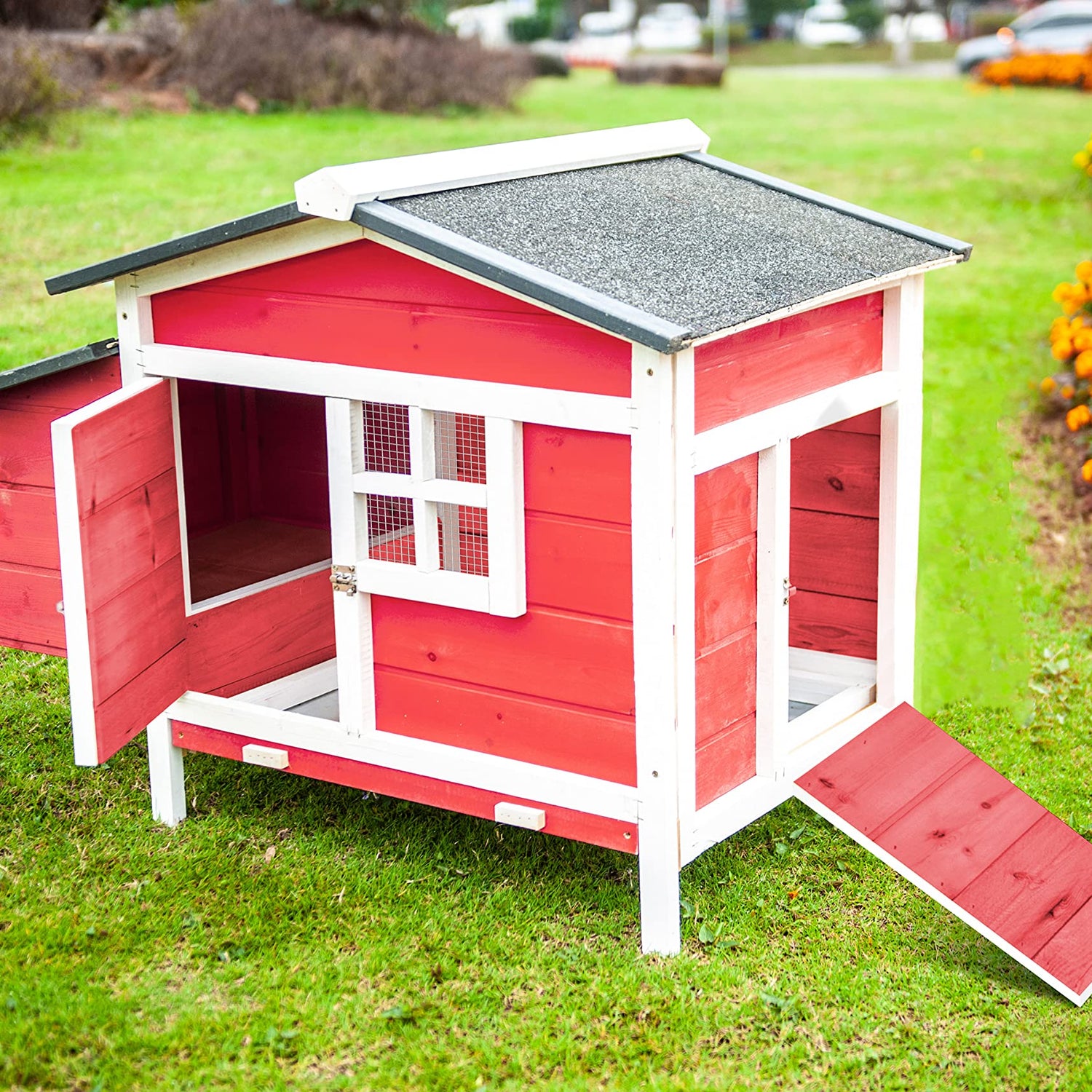 GOJOOASIS Outdoor Wooden Chicken Coop Hen House Poultry Cage Red with Tray, Ramp & Nesting Box for Indoor and Outdoor Use (F) GOJOOASIS
