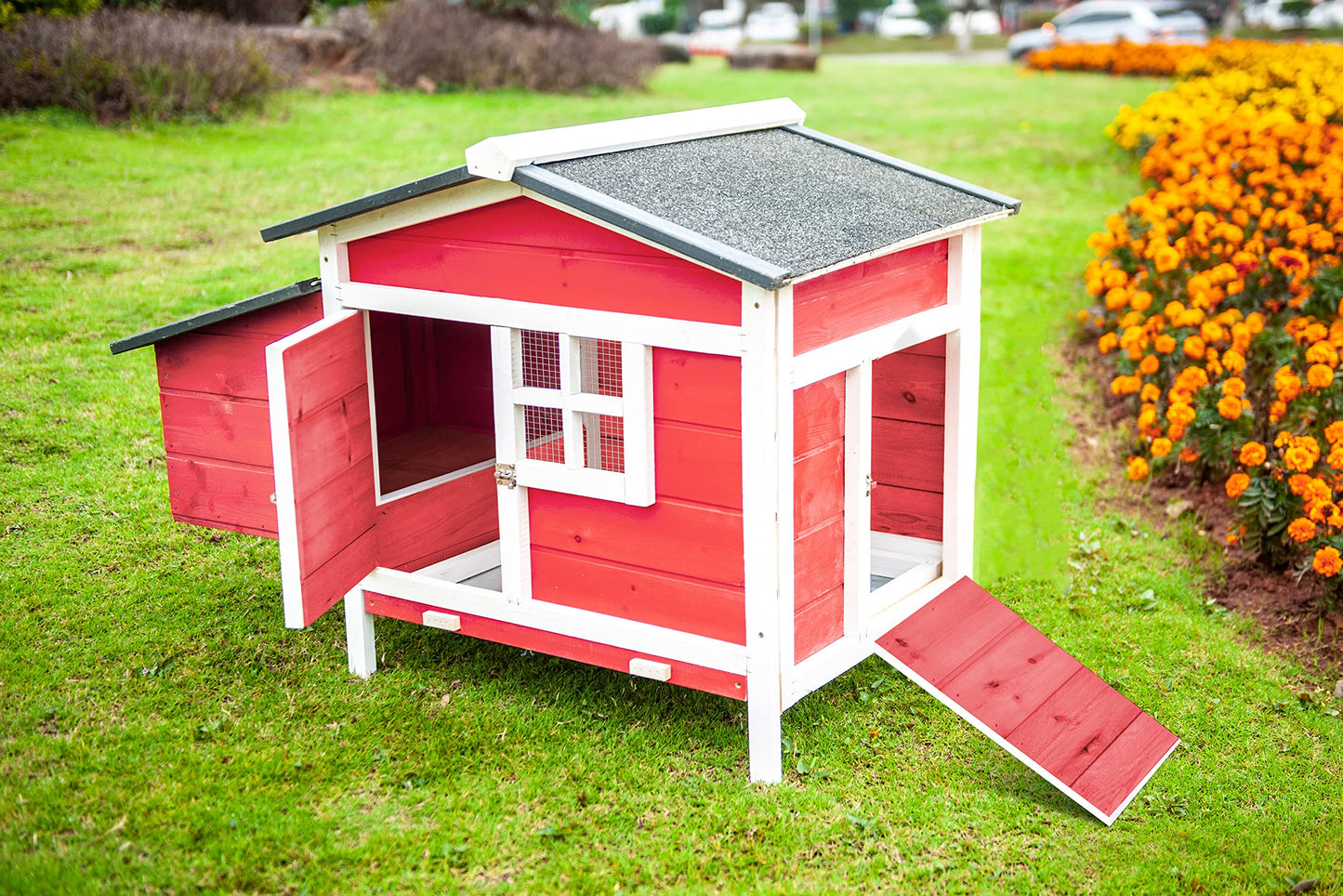 GOJOOASIS Outdoor Wooden Chicken Coop Hen House Poultry Cage Red with Tray, Ramp & Nesting Box for Indoor and Outdoor Use (F)