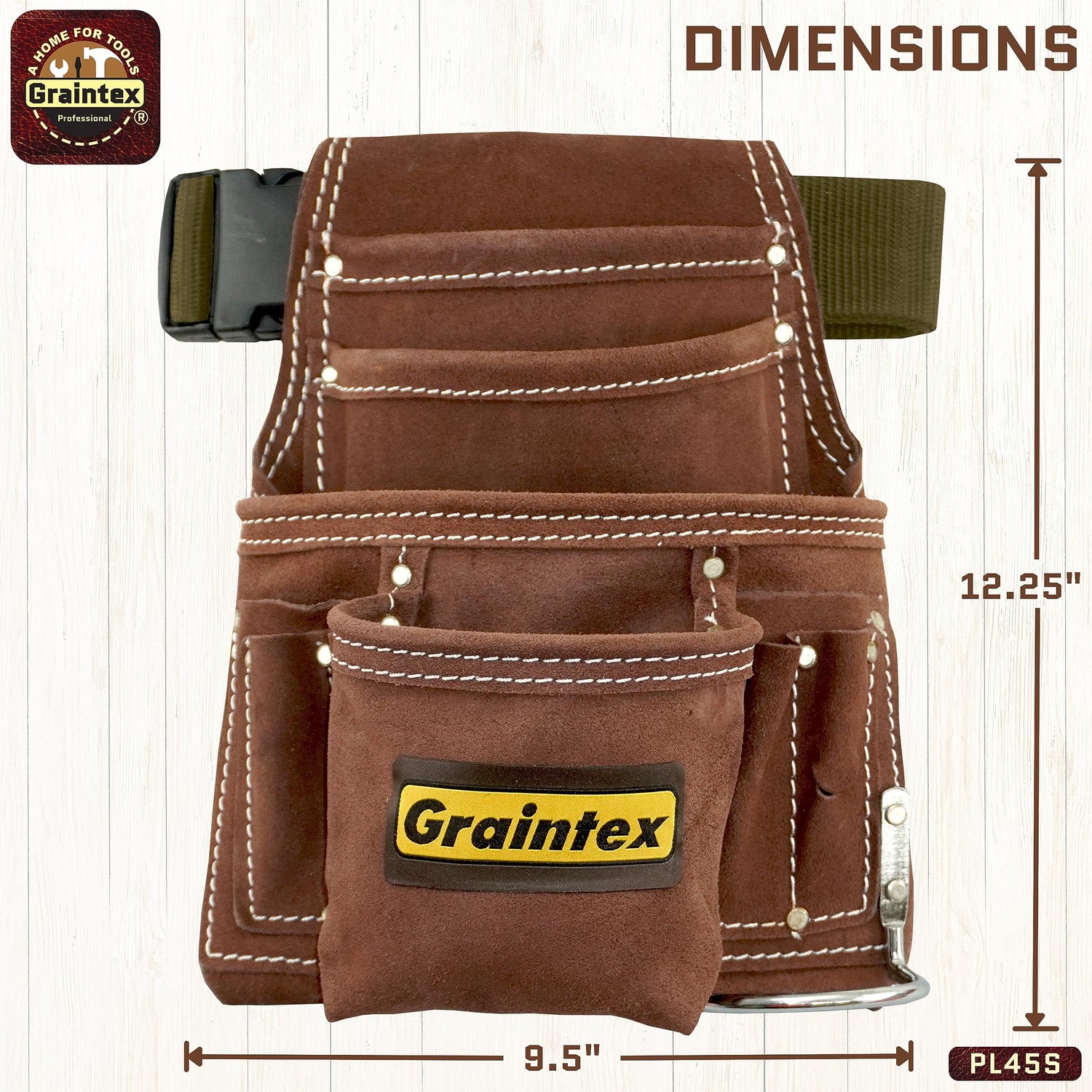 Graintex PL45S 10 Pocket Nail and Tool Pouch Suede Leather with 2" Webbing Belt Graintex