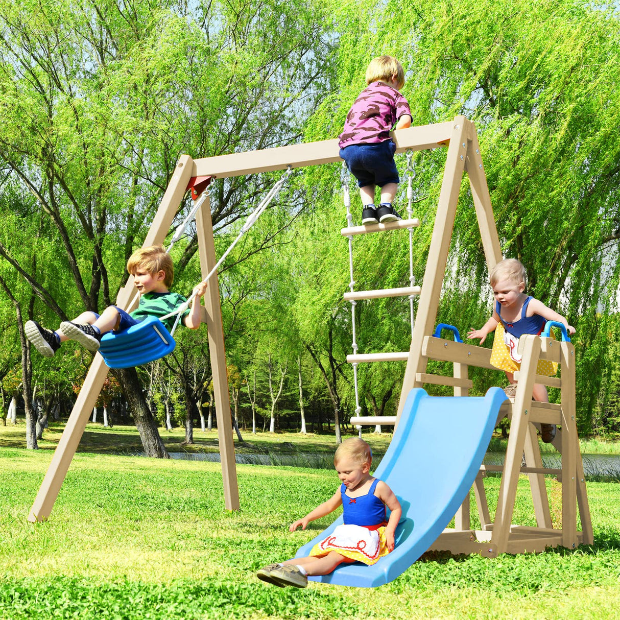 Wooden Swing Set with Slide, Outdoor Playset Backyard Activity Playground Climb Swing Outdoor Play Structure, Ready to Assemble Wooden Swing-N-Slide TURRIDU