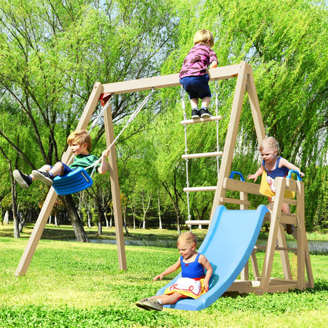 Wooden Swing Set with Slide, Outdoor Playset Backyard Activity Playground Climb Swing Outdoor Play Structure, Ready to Assemble Wooden Swing-N-Slide TURRIDU