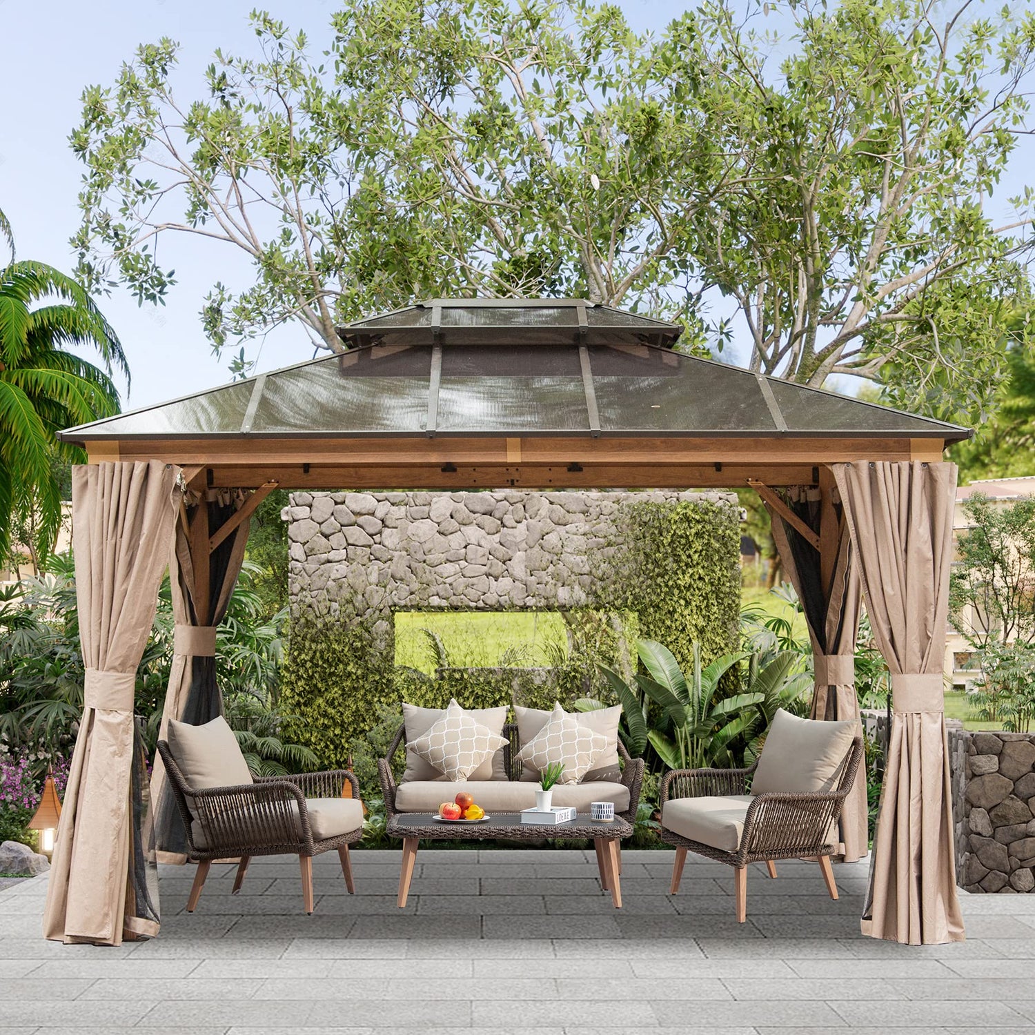 Domi 10' X 12' Hardtop Gazebo, Permanent Outdoor Gazebo with Polycarbonate Double Roof, Aluminum Gazebo Pavilion with Curtain and Net for Garden, domi outdoor living