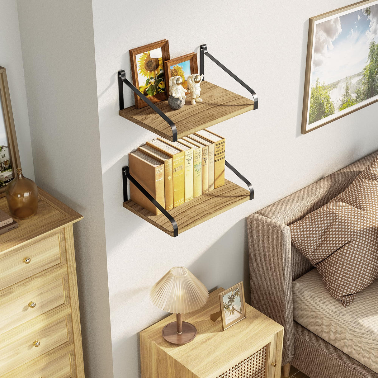 Love-KANKEI Floating Shelves Wall Mount Rustic Wood Wall Shelves with Large Storage L16.5 x W12 inch for Kitchen Living Room Bathroom Bedroom Set of Love-KANKEI