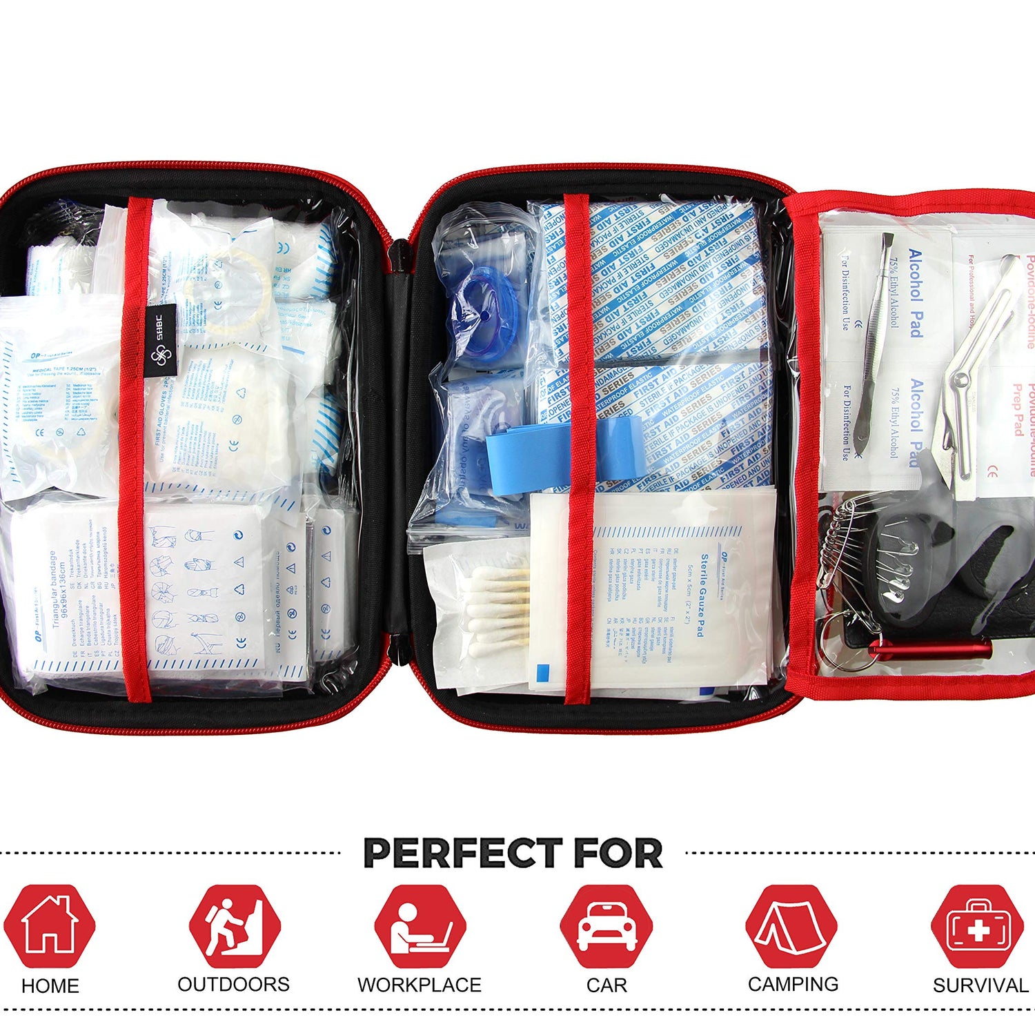 Compact First Aid Kit (228pcs) Designed for Family Emergency Care. Waterproof EVA Case and Bag is Ideal for The Car, Home, Boat, School, Camping, SHBC