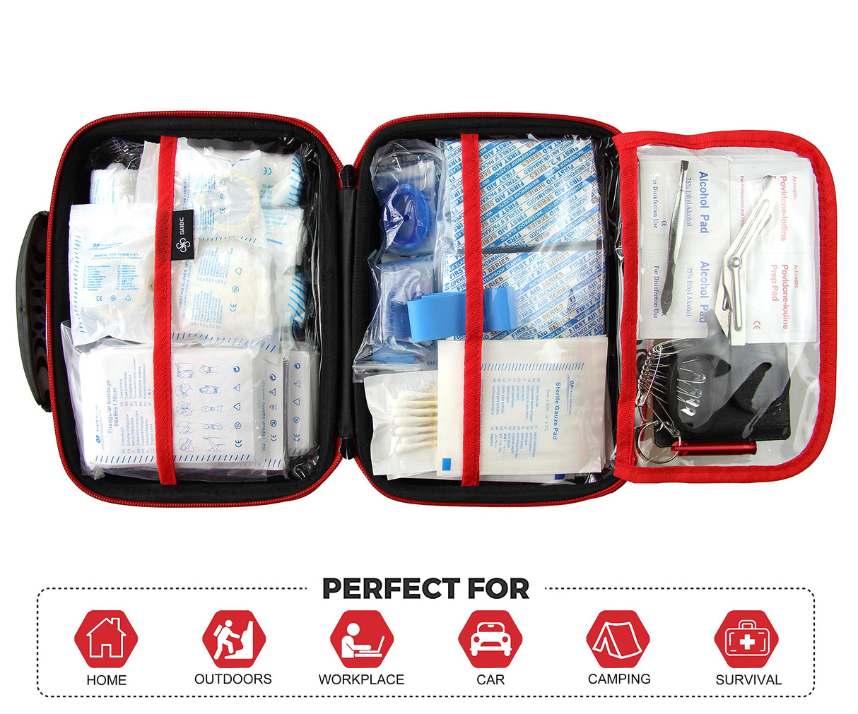 Compact First Aid Kit (228pcs) Designed for Family Emergency Care. Waterproof EVA Case and Bag is Ideal for The Car, Home, Boat, School, Camping, SHBC